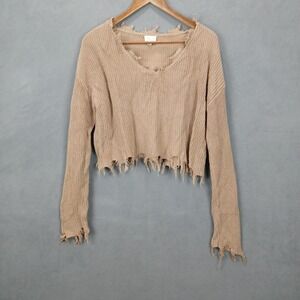 Lelis Collection Belly Sweater Women Small Tan Distressed Crop Knit Long Sleeve